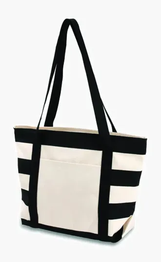 Striped Accent Boat Bag with Zippered Top and Slip Pocket