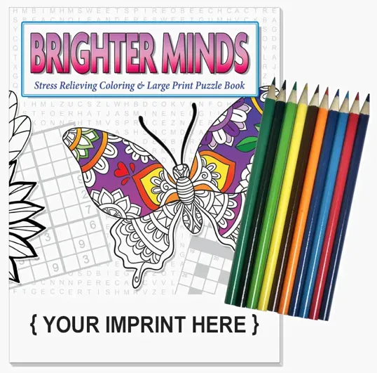 Relax Pack Adult Coloring and Large Print Puzzle Book Combo with Colored Pencils