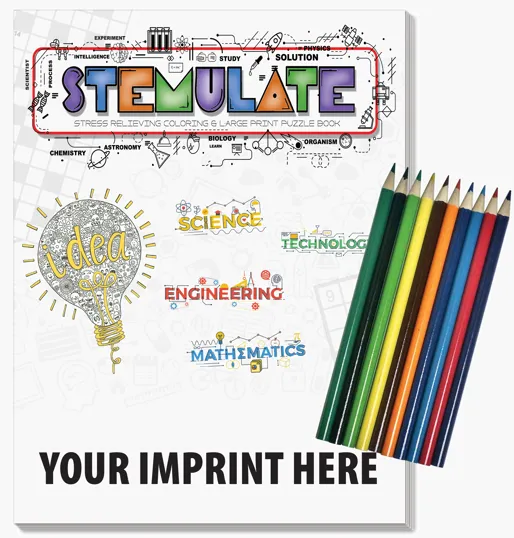 STEMulate Adult Coloring and Large Print Puzzle Book Combo with Colored Pencils