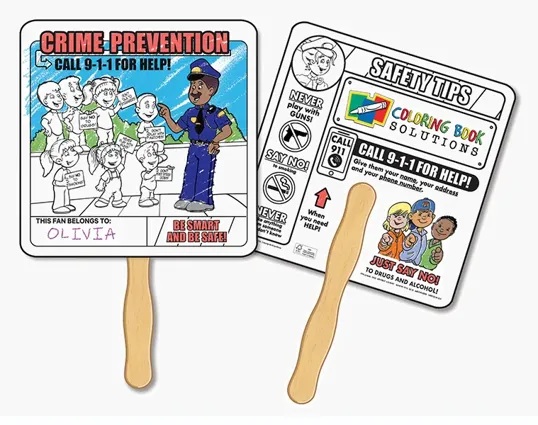Crime Prevention Coloring Hand Fan with Wood Handle