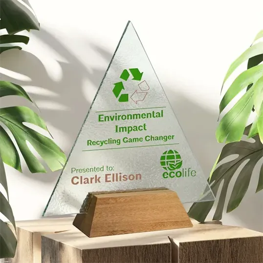 Rio Triangle Recycled Glass Award with Wood Base