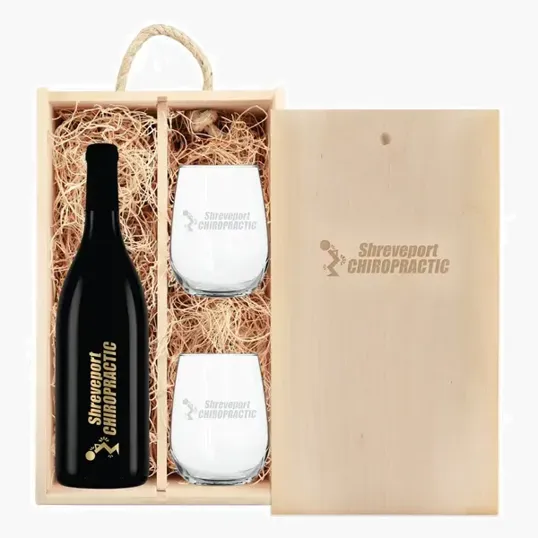 Laser-Engraved Wood Box with Custom Etched Pinot Noir Wine Gift Set