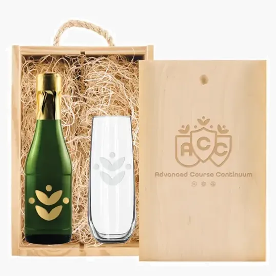 Double Half-Sized Wood Box with Champagne and Stemless Flute