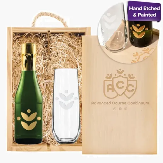 Double Half-Sized Wood Box with Champagne and Stemless Flute — view 2