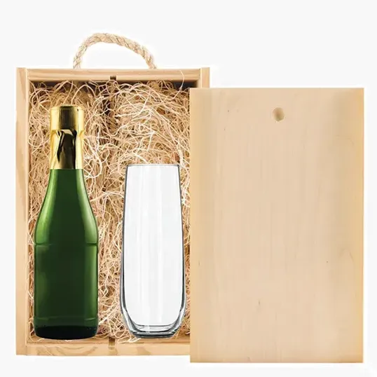 Double Half-Sized Wood Box with Champagne and Stemless Flute — view 5