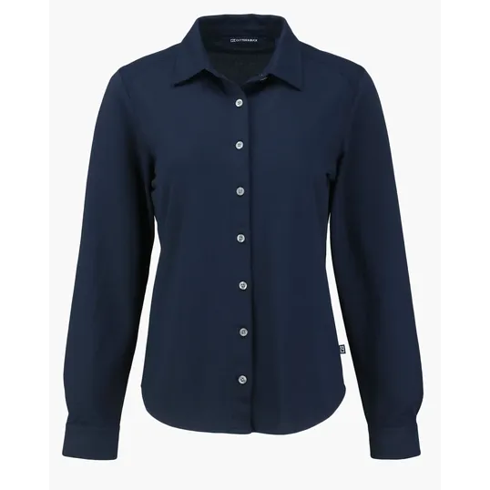 Women's Long Sleeve Recycled Cotton-Blend Pique Button Down Shirt — view 2