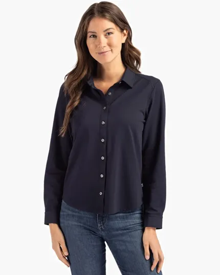 Women's Long Sleeve Recycled Cotton-Blend Pique Button Down Shirt