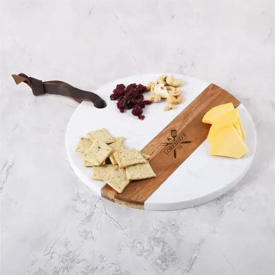 Calacatta Charcuterie Board with Acacia Wood & Leather Strap — view 3