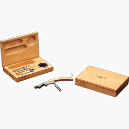 Bamboo Wine Tool Set with Opener, Pourer, Stopper and Case