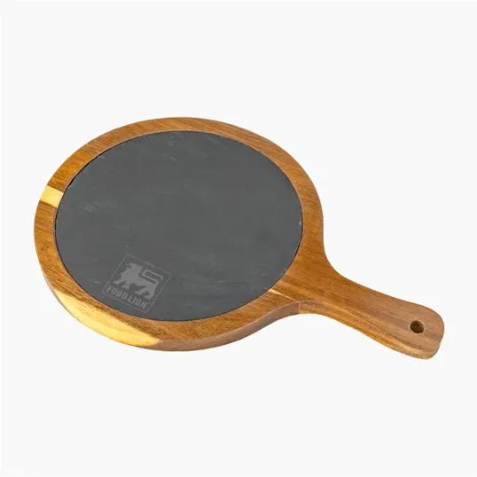 Small Flair Round Acacia Wood and Slate Serving Board with Handle