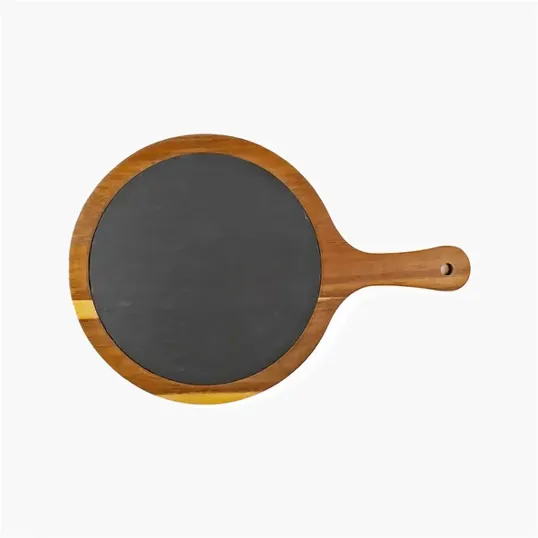 Small Flair Round Acacia Wood and Slate Serving Board with Handle — view 2