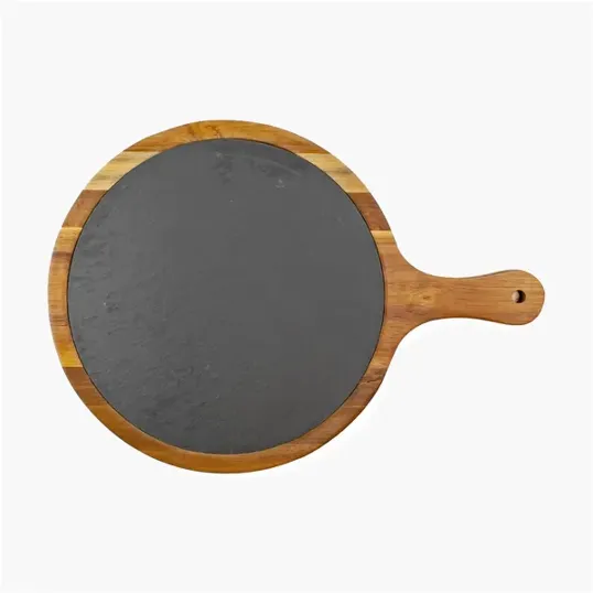 Large Flair Round Acacia Wood and Slate Serving Board with Handle — view 2