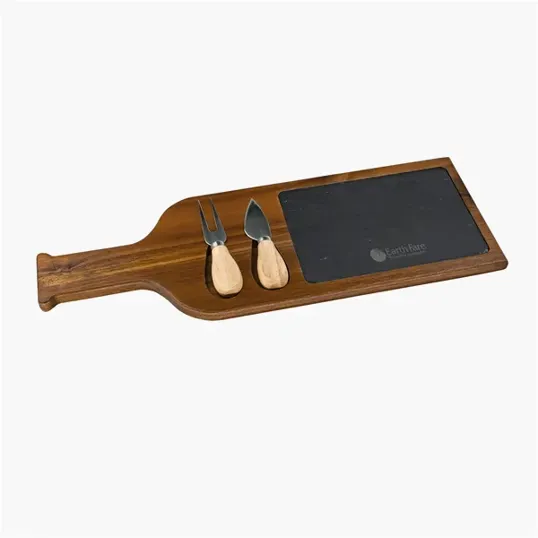 Flair Acacia Wood and Slate Serving Bottle Board with Two Tools