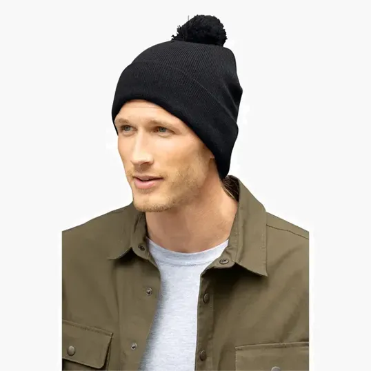 Pom Beanie Cap with Fold-Over Cuff and Matching Pom — view 3