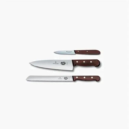 3-Piece Wood-Handled Kitchen Knife Set: Chef, Bread and Paring Knives