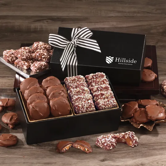 Chocolate Splendor Gift Box with Caramel Pecan Clusters & English Butter Toffee