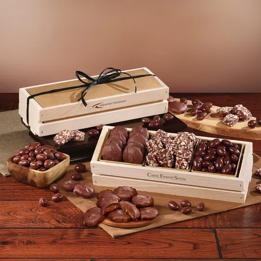 Chocolate Favorites Crate with Firebranded Wooden Crate