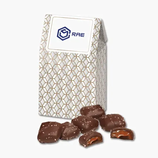 Chocolate Sea Salt Caramels in Silver & Gold Geometric Gable Top Gift Box