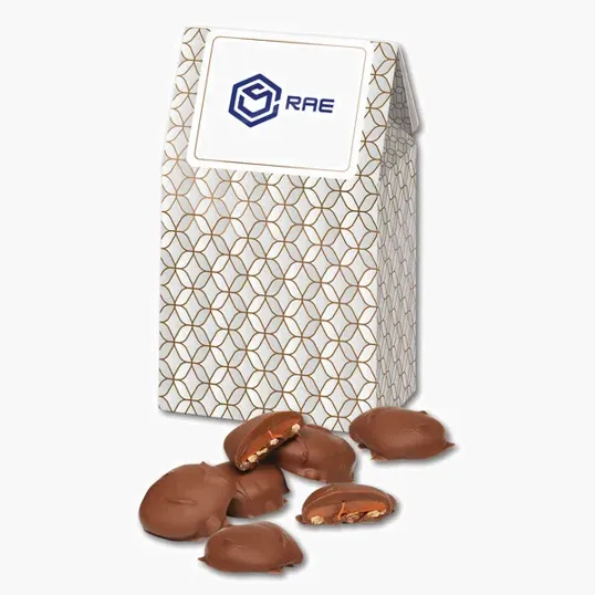 Caramel Pecan Clusters in Silver & Gold Geometric Gable Top Gift Box