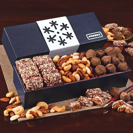 Navy Snowflake Wrapped Gift Box with Gourmet Chocolates and Nuts
