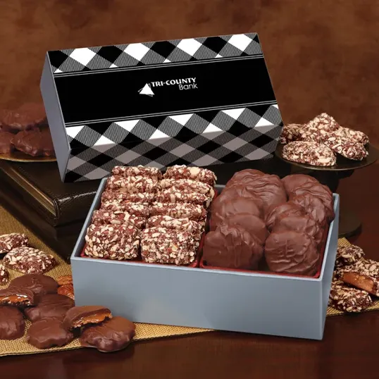 Toffee & Pecan Clusters in Gift Box with Black Plaid Sleeve