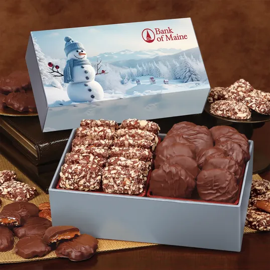Toffee & Pecan Clusters in Gift Box with Blue Snowman Sleeve