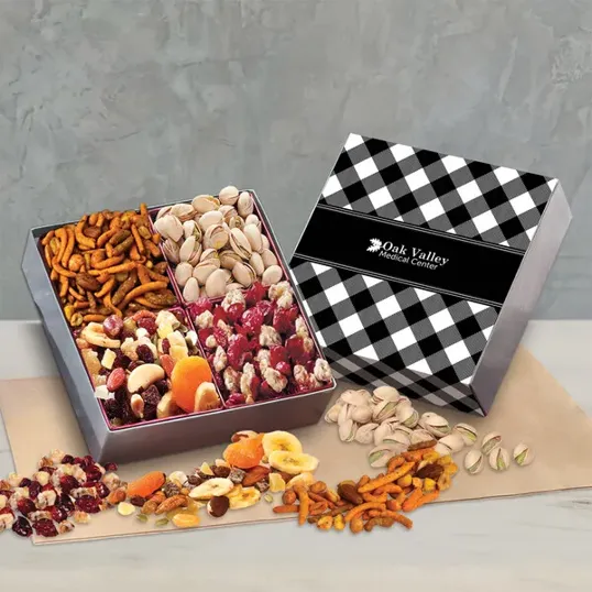 Gift Box with Gourmet Treats and Black Plaid Sleeve