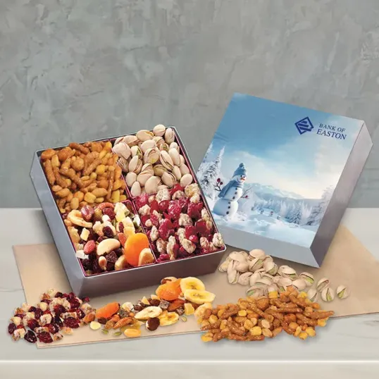 Gift Box with Gourmet Treats and Blue Snowman Sleeve