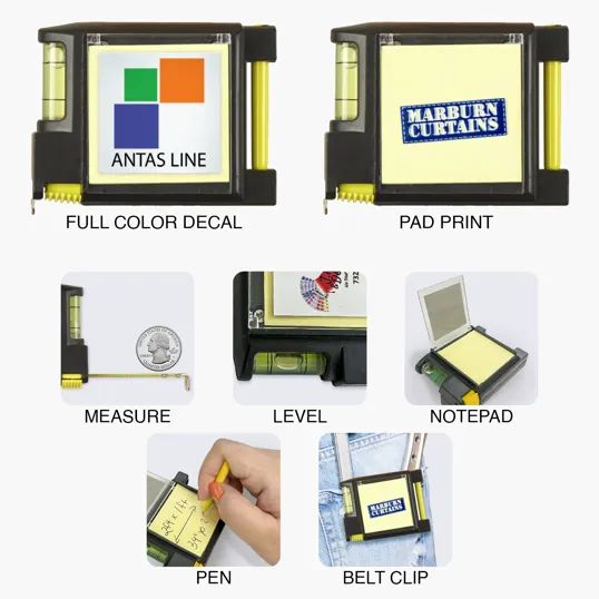 Multifunction Tool with Tape Measure, Level, Notepad, and Pen