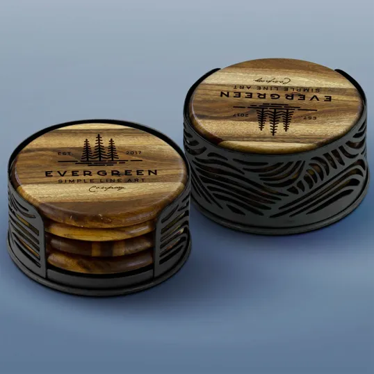 Acacia Wood Coaster Set with Black Metal Stand