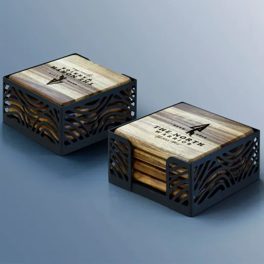Acacia Wood Coaster Set with Black Metal Stand