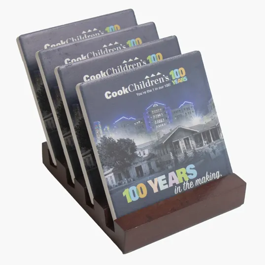 Beacon Square Ceramic Coaster Set with Wood Stand, 4 Pieces