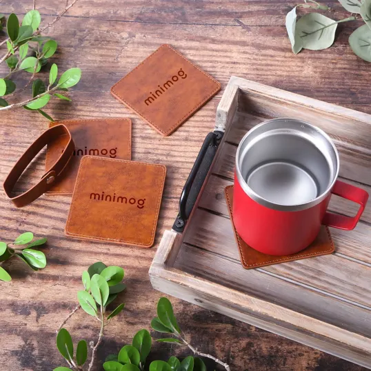 Watson Square PU Leather Coaster Set with Holder, 4-Piece