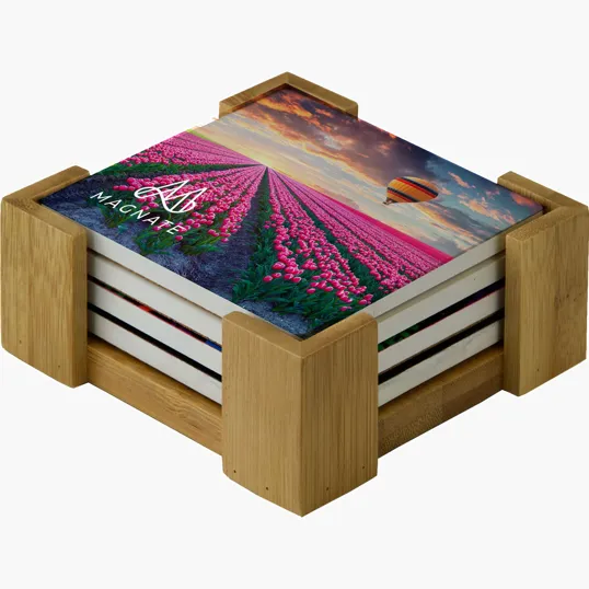 Square Ceramic Coaster: 4-Piece Set with Wood Stand