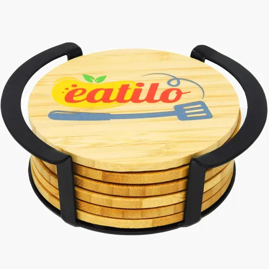 Beacon Round Bamboo Coaster Set with Black Metal Stand