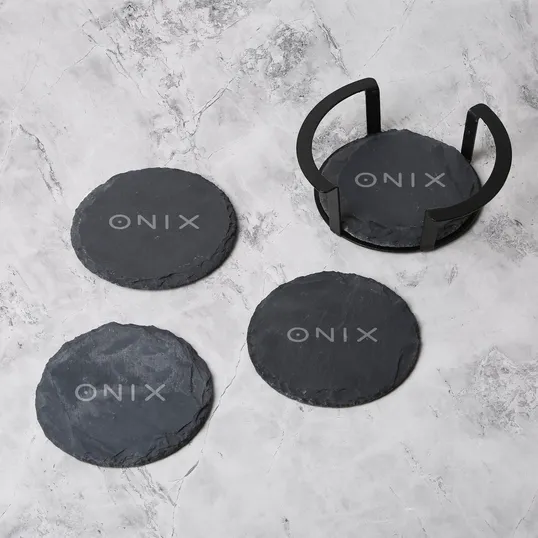 4 Pc. Round Slate Coaster Set with Black Metal Stand