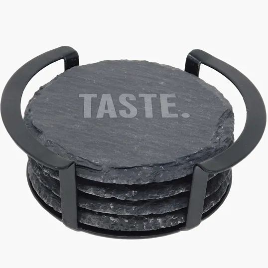 Beacon Round Slate Coaster Set with Black Metal Stand, 4-Piece