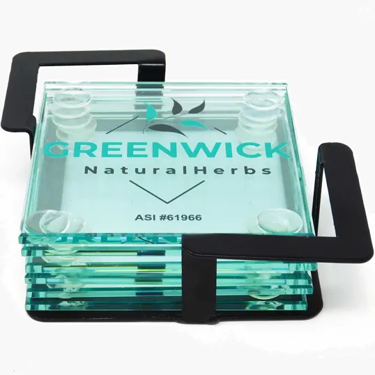 Square Glass Coasters, 6-Piece Set in Black Metal Stand