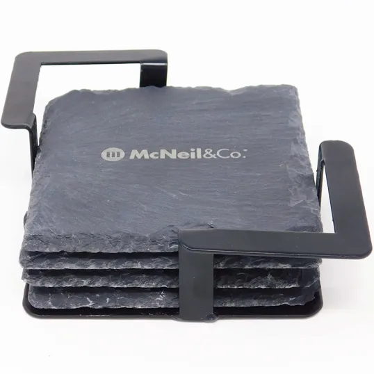 Beacon Square Slate Coaster Set with Black Metal Stand