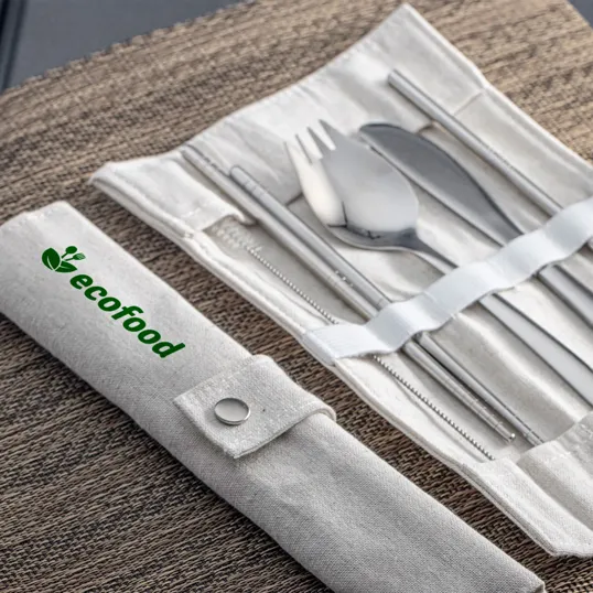 Stainless Steel Utensil Set with Jute Roll-Up Case