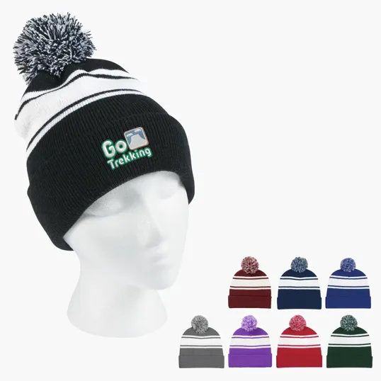 Two-Tone Knit Pom Beanie With Cuff