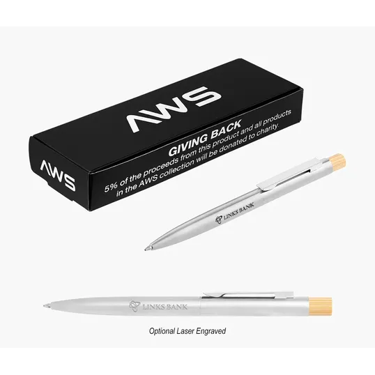 AWS Recycled Stainless Steel Pen with Bamboo Plunger — view 2