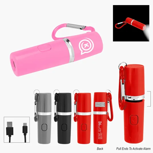 Rechargeable Portable Alarm and Flashlight with Carabiner Attachment