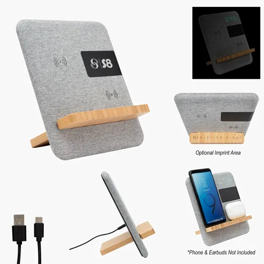 Fabric & Bamboo Wireless Charger With Digital Clock — view 2