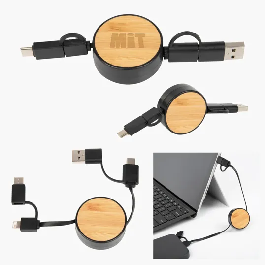 Bamboo Retractable 3-in-1 Charging Cable, 30" — view 2