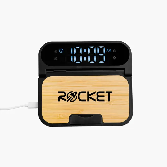 15W Bamboo Folding Charger With Digital Clock — view 2