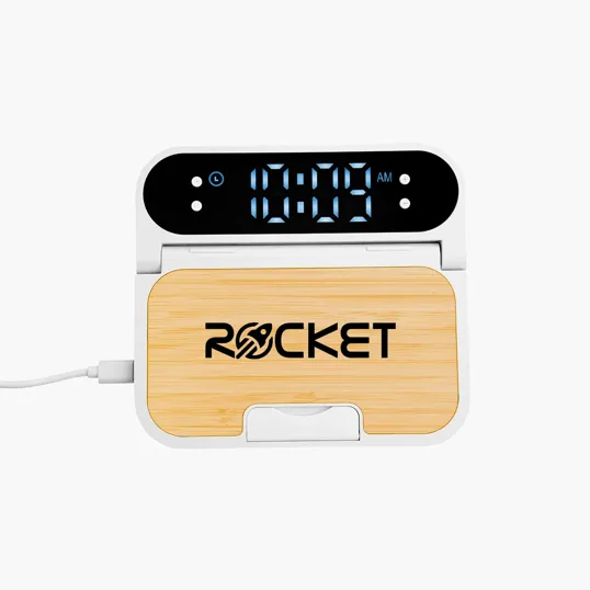15W Bamboo Folding Charger With Digital Clock — view 3