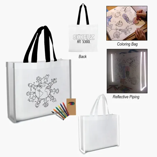 Reflective Non-Woven Coloring Tote Bag with Crayons — view 3