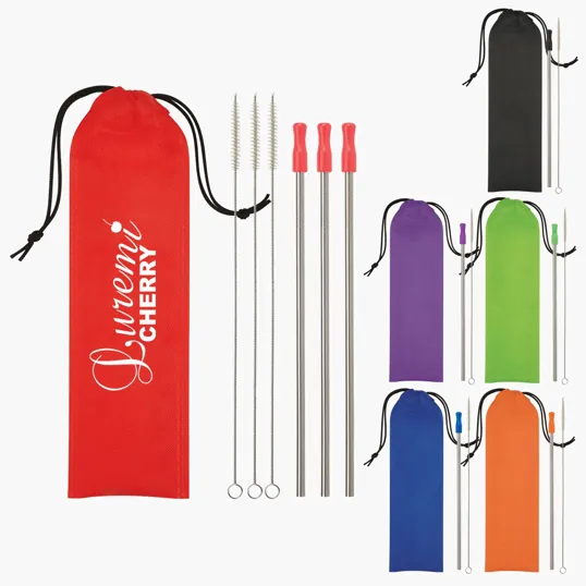 Stainless Steel Straw Kit, 3-Pack with Silicone Tips and Travel Pouch
