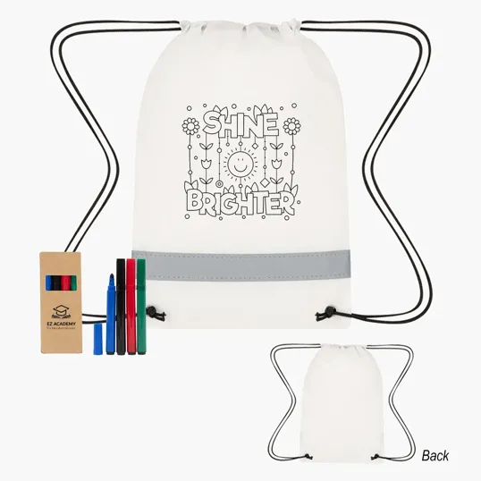 Lil' Bit Reflective Non-Woven Coloring Drawstring Bag with 4-Piece Washable Marker Set
